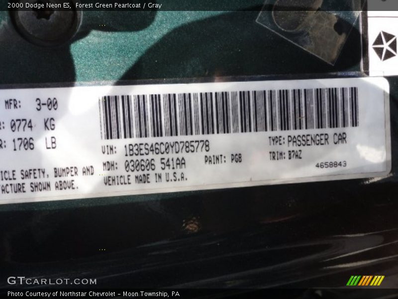 Forest Green Pearlcoat / Gray 2000 Dodge Neon ES