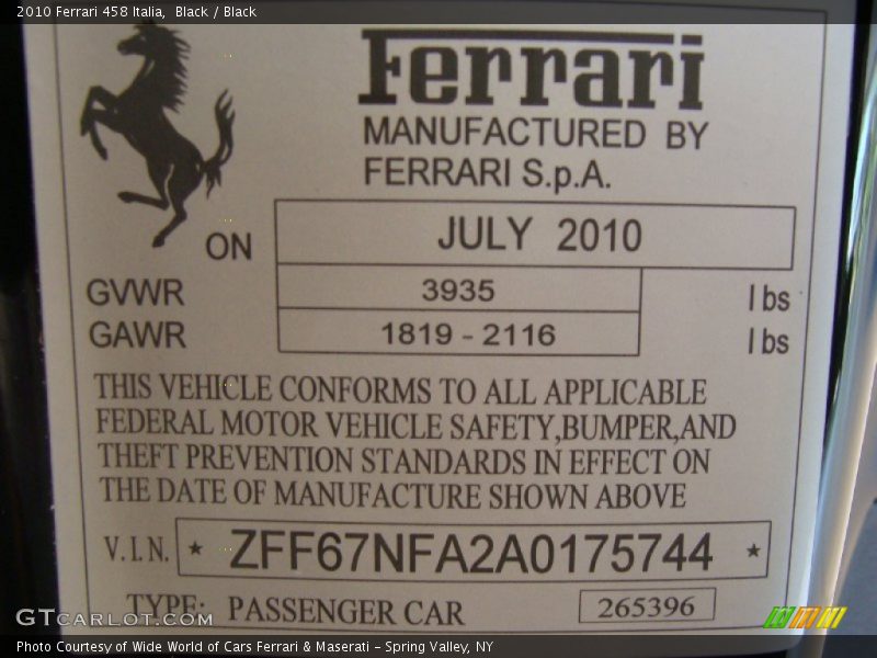 Info Tag of 2010 458 Italia
