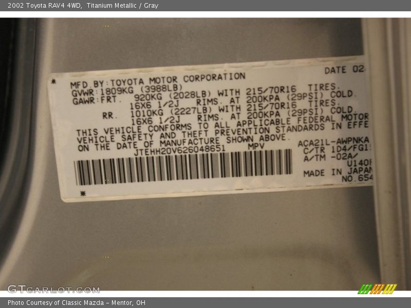 Titanium Metallic / Gray 2002 Toyota RAV4 4WD