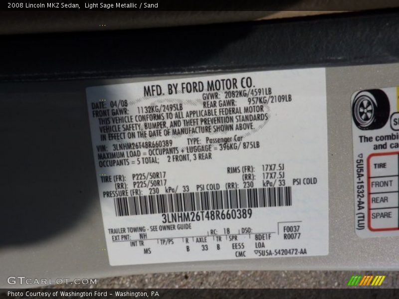 Light Sage Metallic / Sand 2008 Lincoln MKZ Sedan