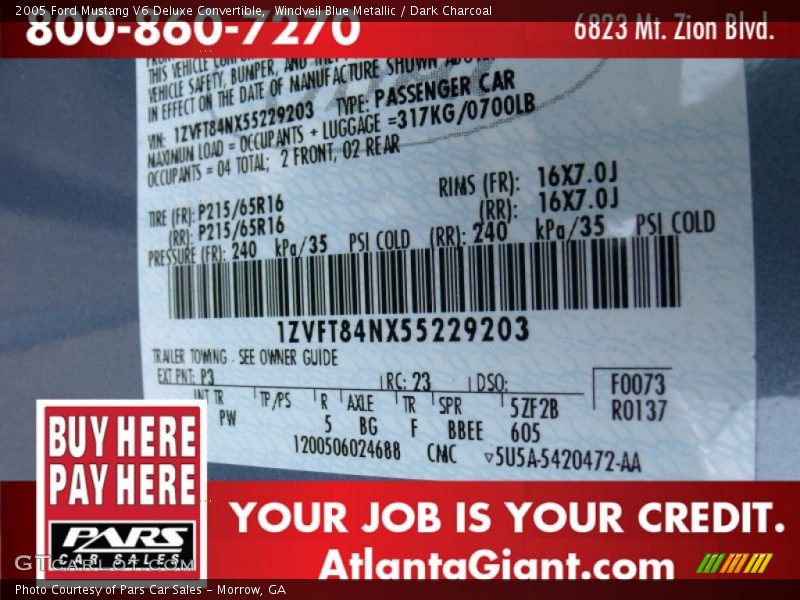 Windveil Blue Metallic / Dark Charcoal 2005 Ford Mustang V6 Deluxe Convertible