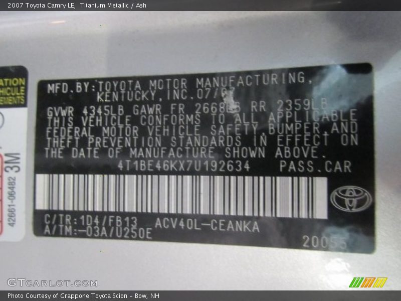 Titanium Metallic / Ash 2007 Toyota Camry LE