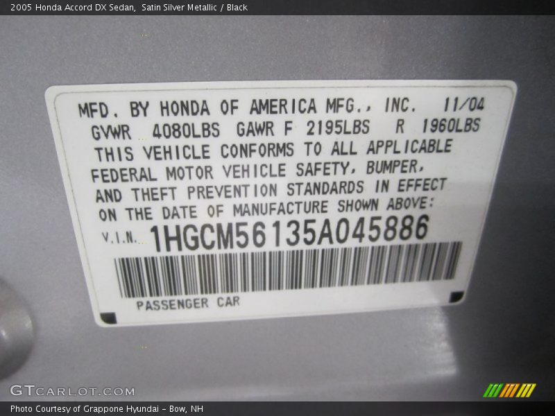 Satin Silver Metallic / Black 2005 Honda Accord DX Sedan