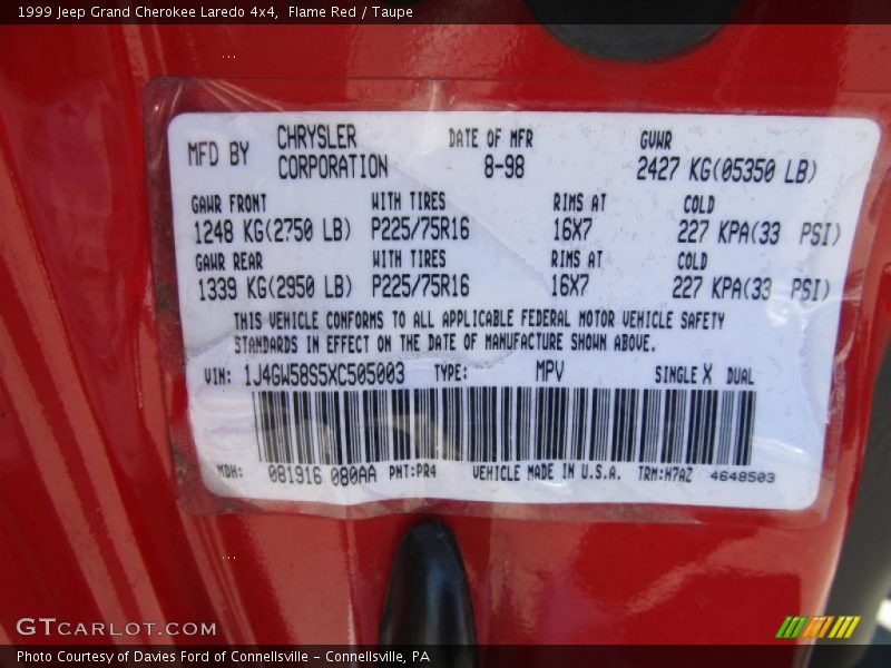 Flame Red / Taupe 1999 Jeep Grand Cherokee Laredo 4x4