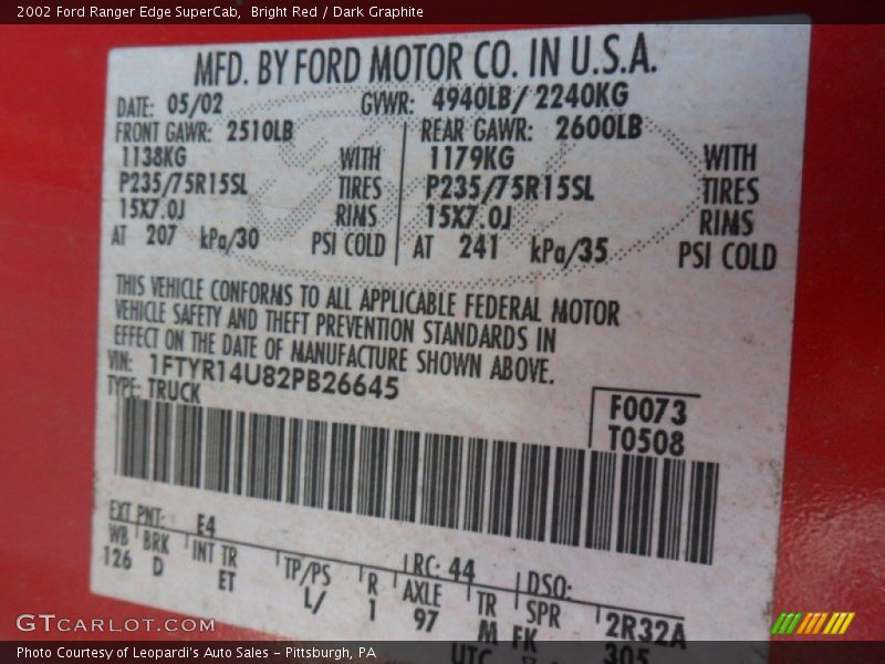 2002 Ranger Edge SuperCab Bright Red Color Code E4