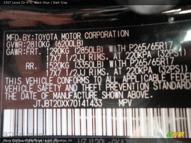 Black Onyx / Dark Gray 2007 Lexus GX 470