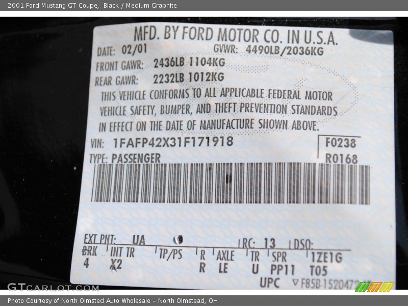 Black / Medium Graphite 2001 Ford Mustang GT Coupe