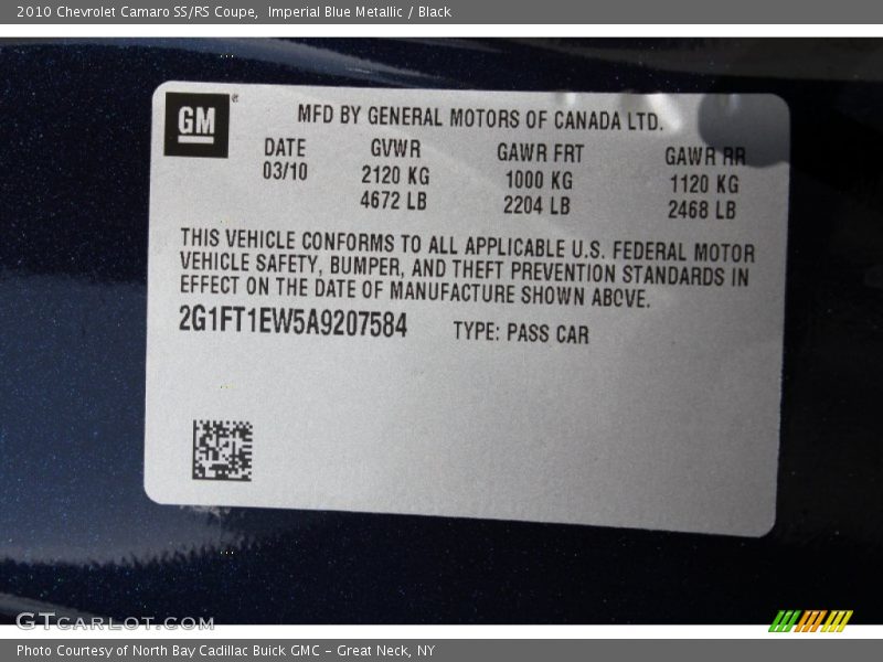 Info Tag of 2010 Camaro SS/RS Coupe