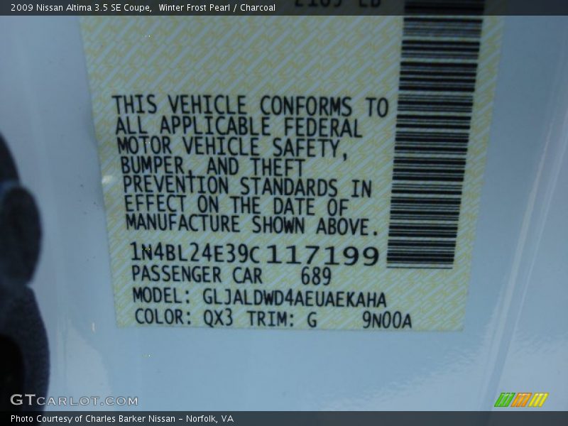 2009 Altima 3.5 SE Coupe Winter Frost Pearl Color Code QX3