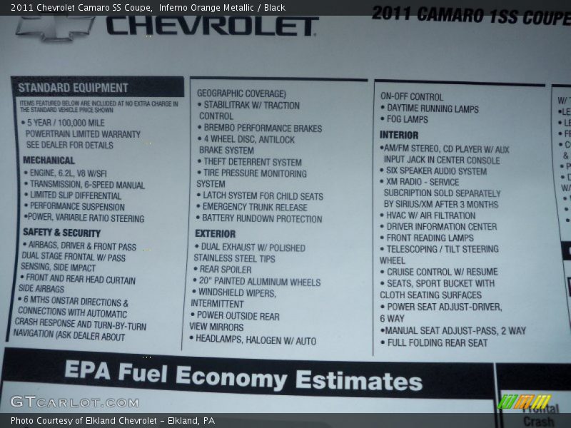  2011 Camaro SS Coupe Window Sticker