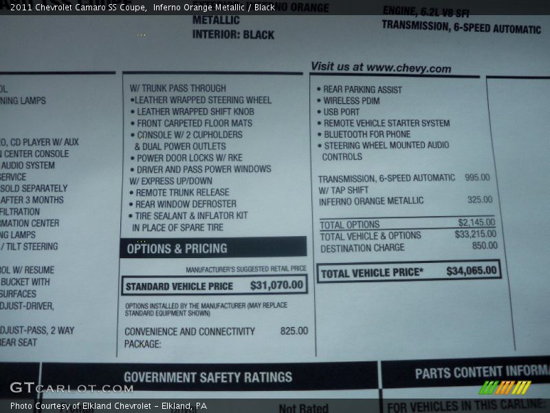  2011 Camaro SS Coupe Window Sticker