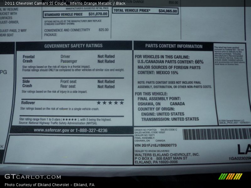  2011 Camaro SS Coupe Window Sticker