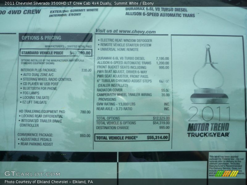  2011 Silverado 3500HD LT Crew Cab 4x4 Dually Window Sticker