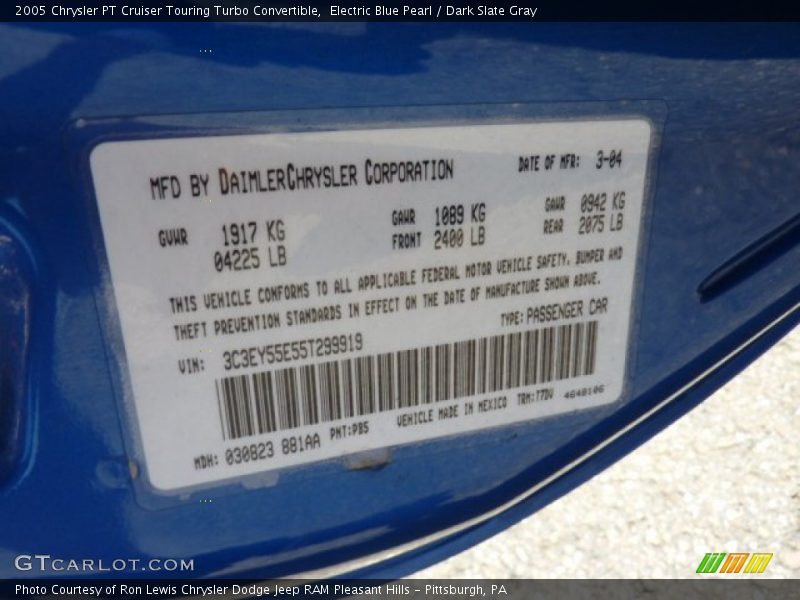 2005 PT Cruiser Touring Turbo Convertible Electric Blue Pearl Color Code PB5