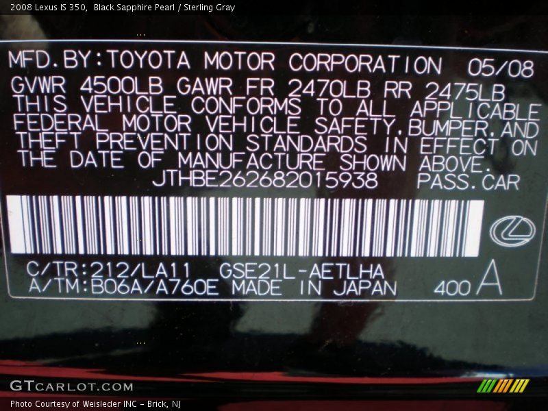 Black Sapphire Pearl / Sterling Gray 2008 Lexus IS 350