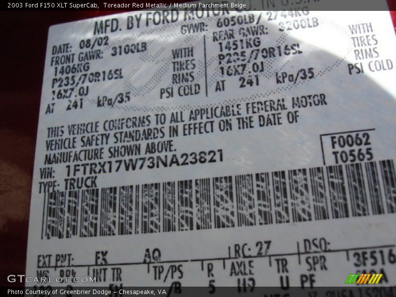 Toreador Red Metallic / Medium Parchment Beige 2003 Ford F150 XLT SuperCab