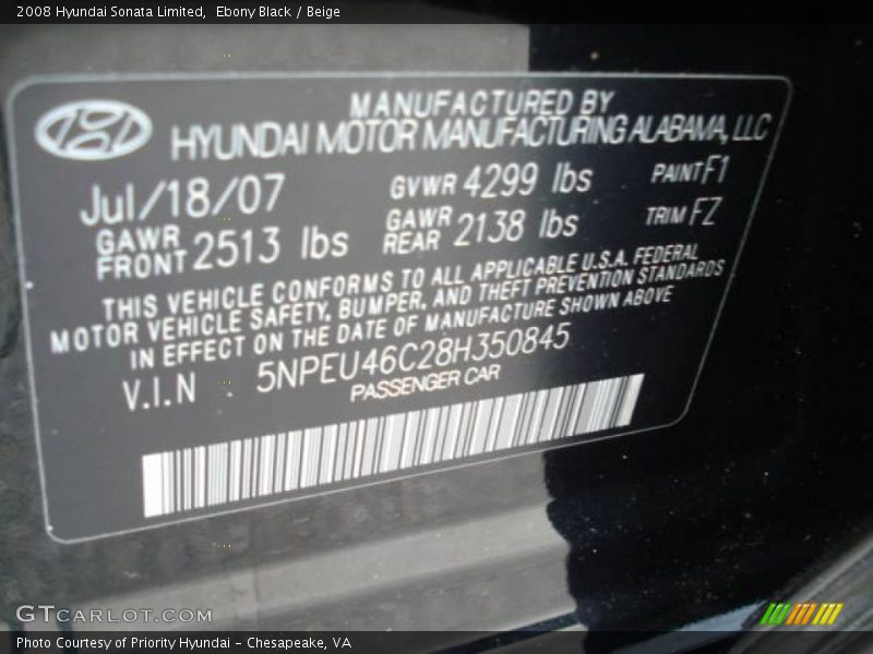 Ebony Black / Beige 2008 Hyundai Sonata Limited