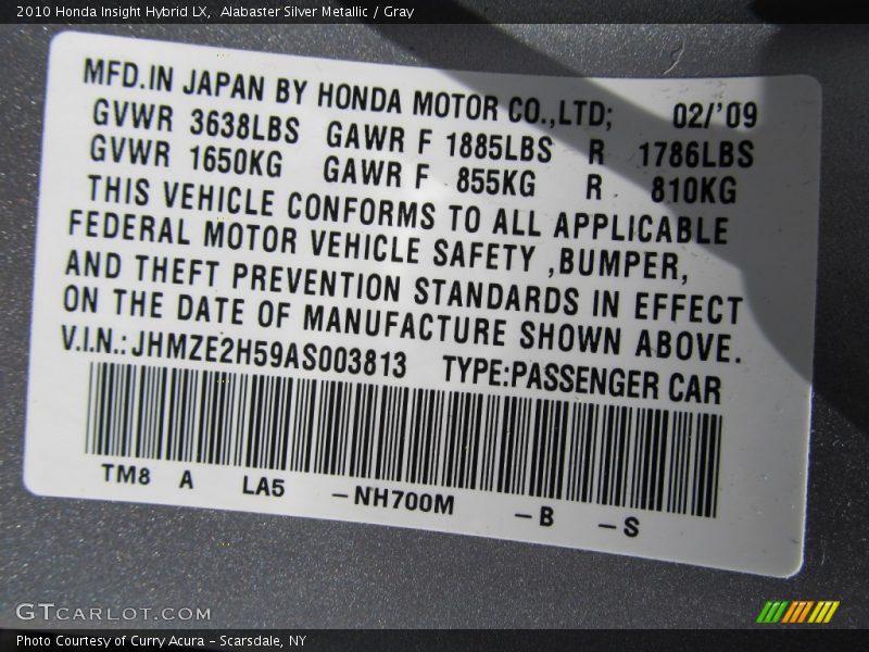 2010 Insight Hybrid LX Alabaster Silver Metallic Color Code NH700M