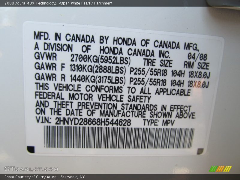 Aspen White Pearl / Parchment 2008 Acura MDX Technology