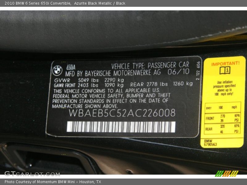 Azurite Black Metallic / Black 2010 BMW 6 Series 650i Convertible