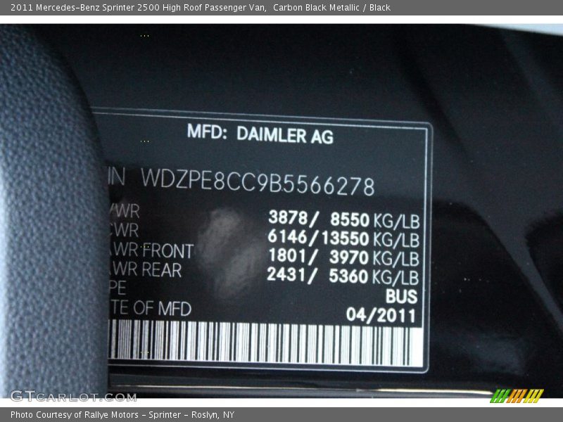 Carbon Black Metallic / Black 2011 Mercedes-Benz Sprinter 2500 High Roof Passenger Van