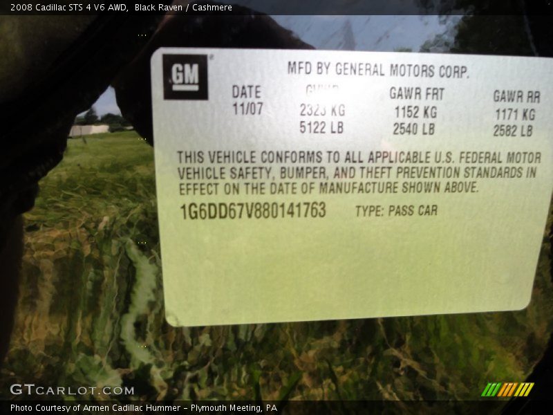 Info Tag of 2008 STS 4 V6 AWD