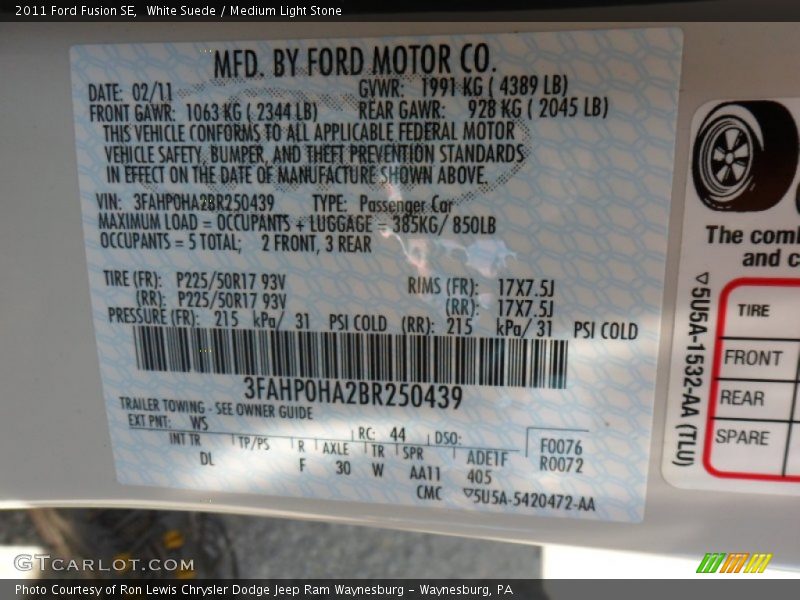 White Suede / Medium Light Stone 2011 Ford Fusion SE