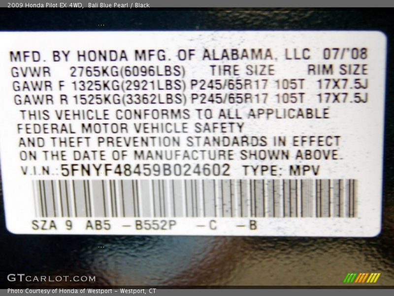 Bali Blue Pearl / Black 2009 Honda Pilot EX 4WD