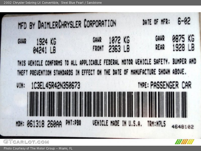 2002 Sebring LX Convertible Steel Blue Pearl Color Code PBQ