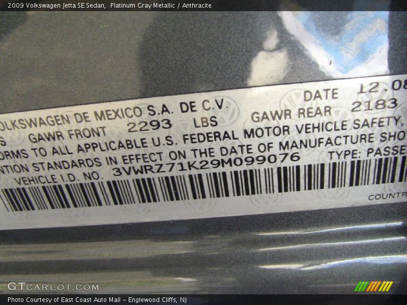 Platinum Gray Metallic / Anthracite 2009 Volkswagen Jetta SE Sedan