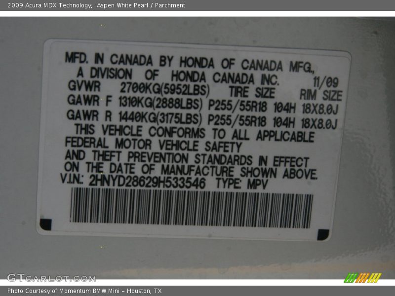Aspen White Pearl / Parchment 2009 Acura MDX Technology