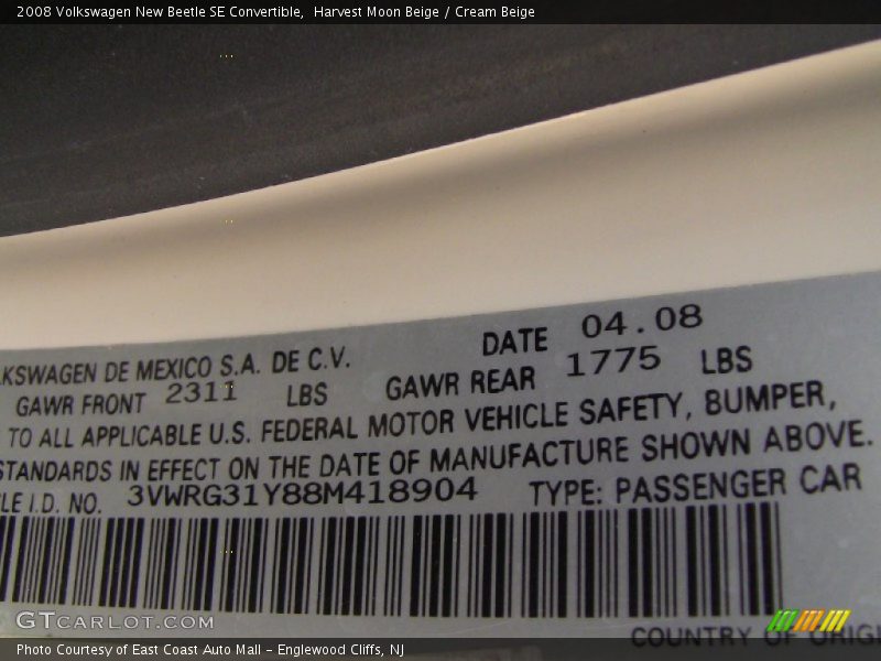 Harvest Moon Beige / Cream Beige 2008 Volkswagen New Beetle SE Convertible