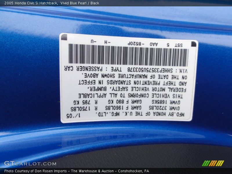 2005 Civic Si Hatchback Vivid Blue Pearl Color Code B520P