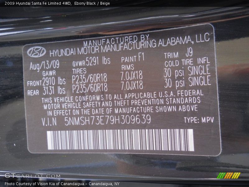 Ebony Black / Beige 2009 Hyundai Santa Fe Limited 4WD