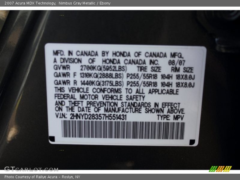 Nimbus Gray Metallic / Ebony 2007 Acura MDX Technology