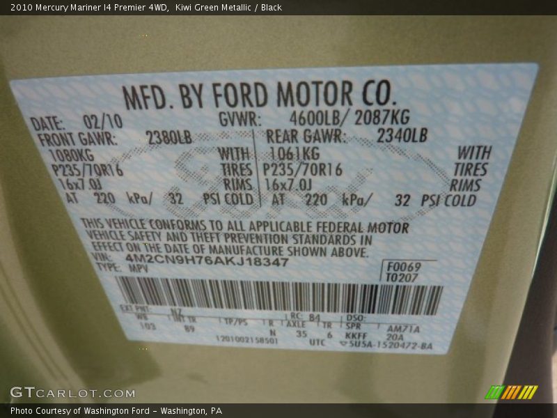 Kiwi Green Metallic / Black 2010 Mercury Mariner I4 Premier 4WD