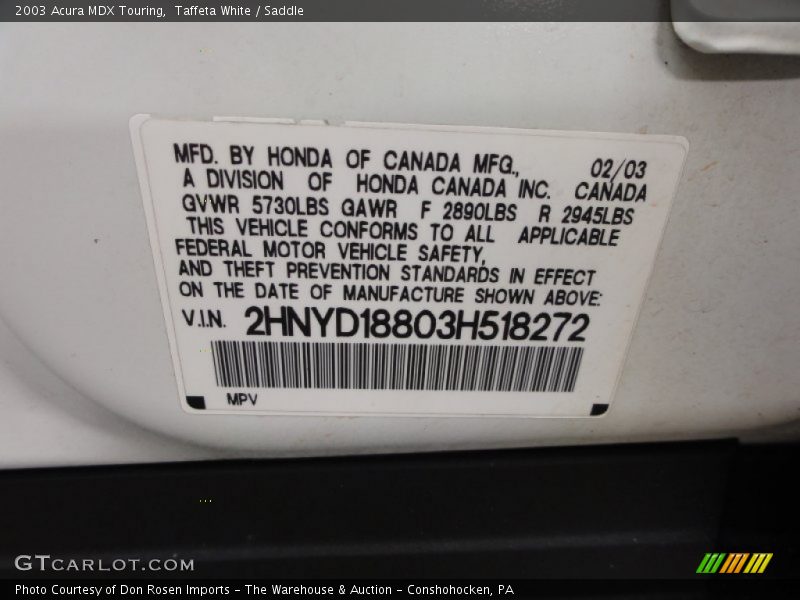 Taffeta White / Saddle 2003 Acura MDX Touring