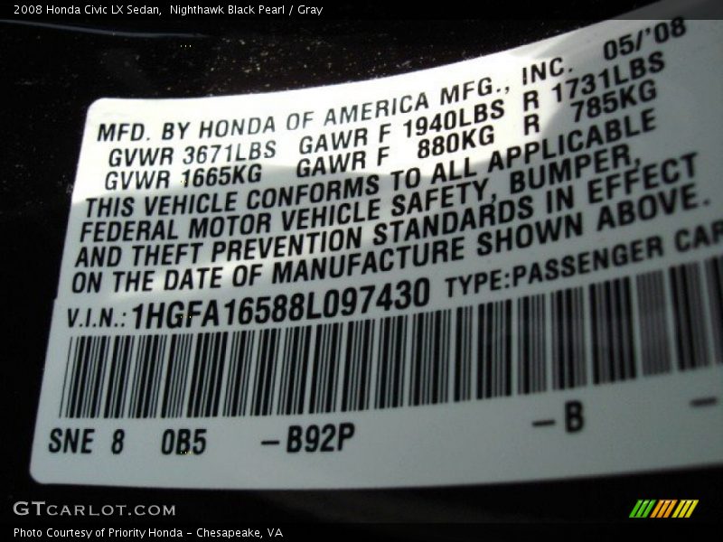 Nighthawk Black Pearl / Gray 2008 Honda Civic LX Sedan