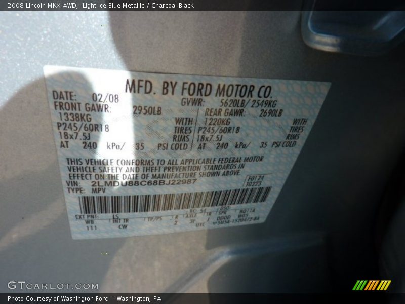 Light Ice Blue Metallic / Charcoal Black 2008 Lincoln MKX AWD
