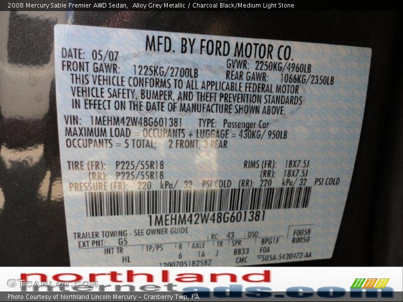 Alloy Grey Metallic / Charcoal Black/Medium Light Stone 2008 Mercury Sable Premier AWD Sedan