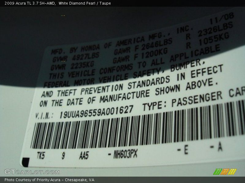 White Diamond Pearl / Taupe 2009 Acura TL 3.7 SH-AWD
