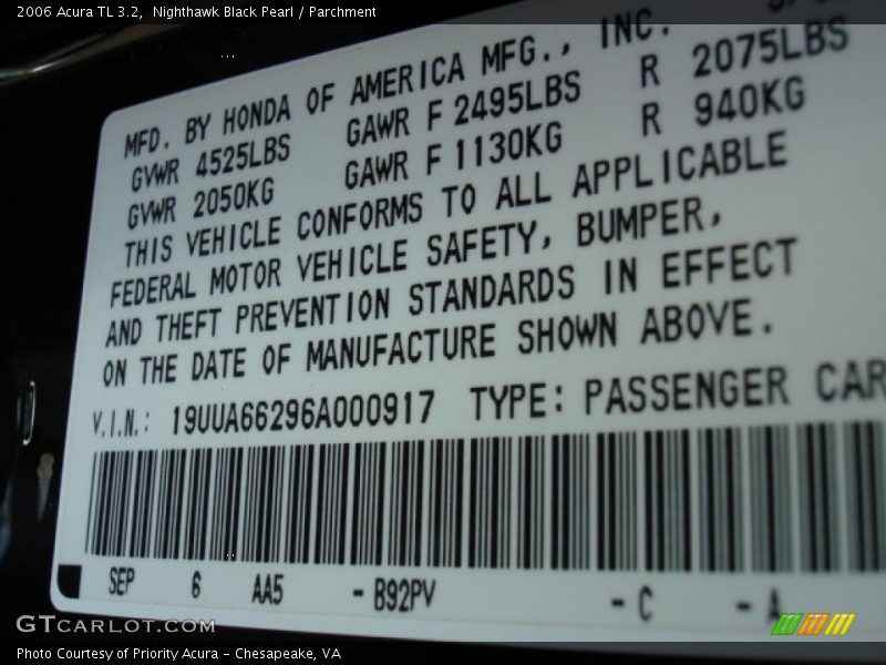 Nighthawk Black Pearl / Parchment 2006 Acura TL 3.2