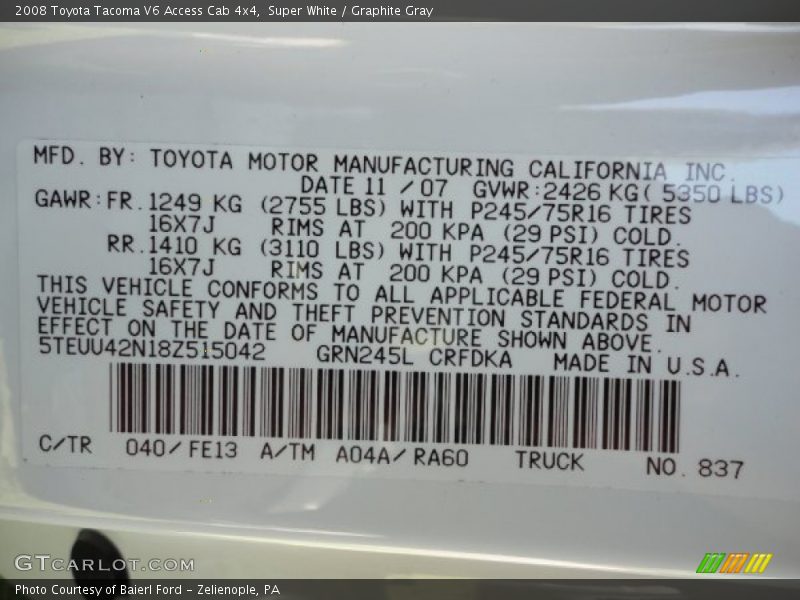 Super White / Graphite Gray 2008 Toyota Tacoma V6 Access Cab 4x4