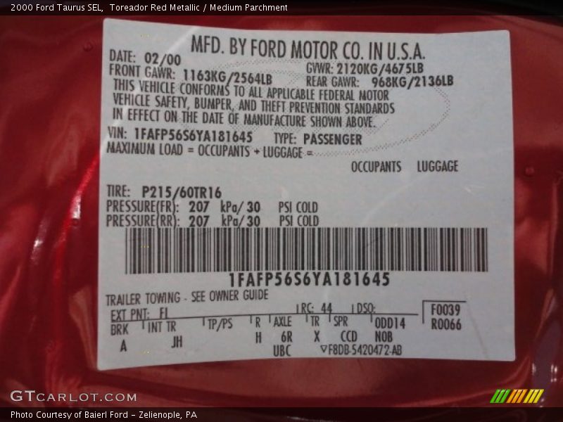 2000 Taurus SEL Toreador Red Metallic Color Code F1
