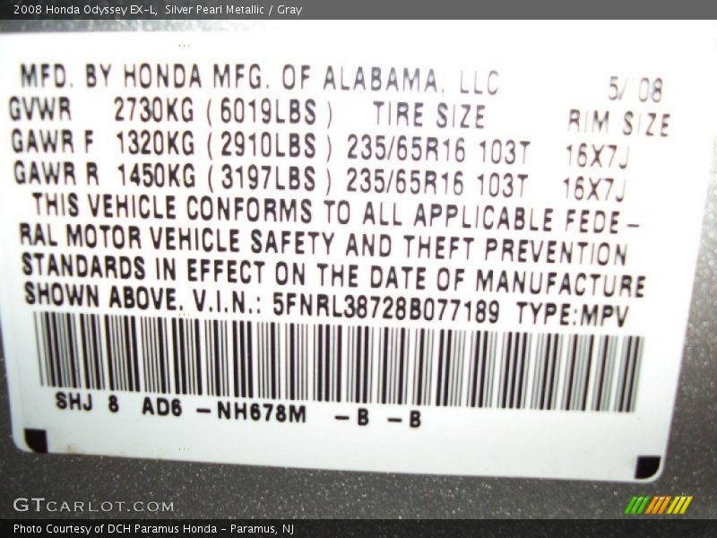 Silver Pearl Metallic / Gray 2008 Honda Odyssey EX-L