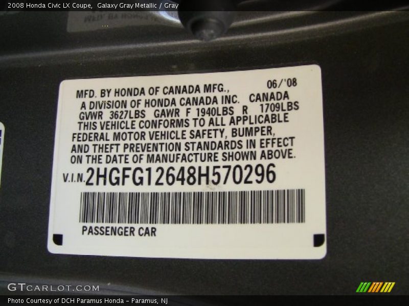 Galaxy Gray Metallic / Gray 2008 Honda Civic LX Coupe