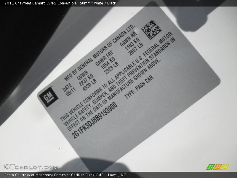 Info Tag of 2011 Camaro SS/RS Convertible