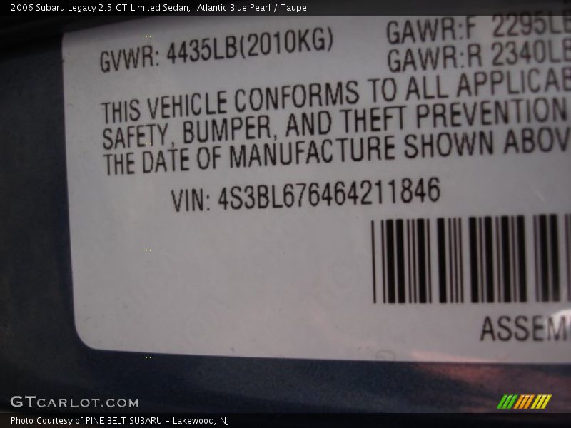 Atlantic Blue Pearl / Taupe 2006 Subaru Legacy 2.5 GT Limited Sedan