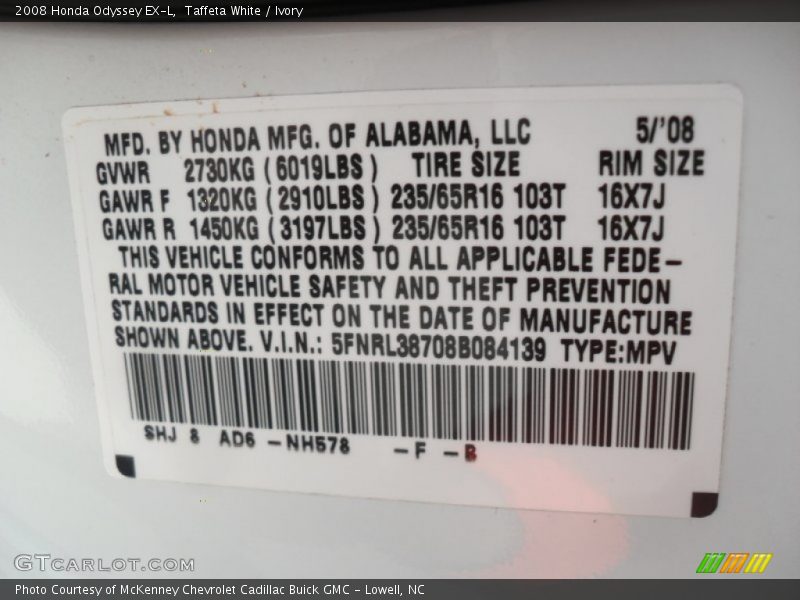 Taffeta White / Ivory 2008 Honda Odyssey EX-L