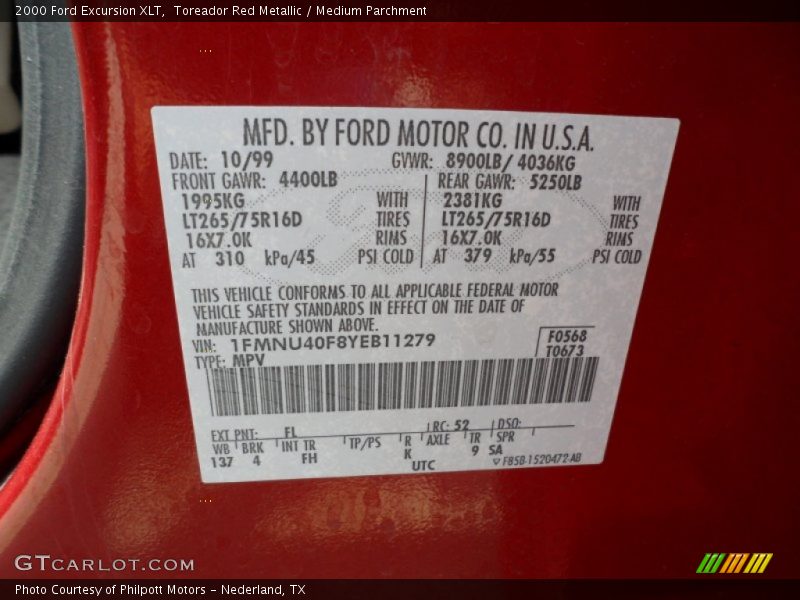 2000 Excursion XLT Toreador Red Metallic Color Code FL